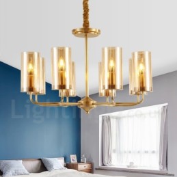 8-flammige Retro-Pendelleuchte aus rustikalem Messing mit Glasschirm
