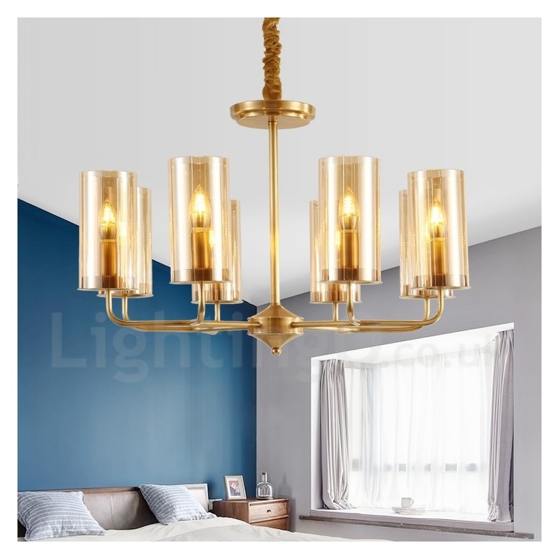 8-flammige Retro-Pendelleuchte aus rustikalem Messing mit Glasschirm