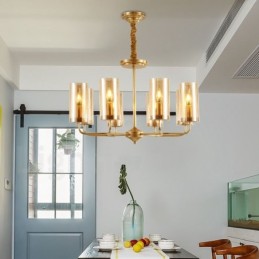 8-flammige Retro-Pendelleuchte aus rustikalem Messing mit Glasschirm