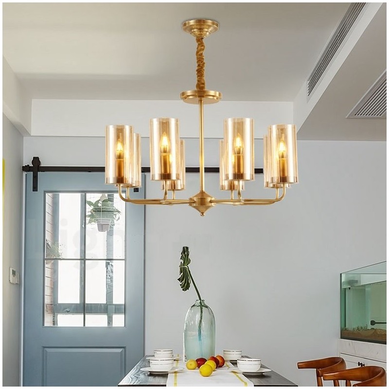 8-flammige Retro-Pendelleuchte aus rustikalem Messing mit Glasschirm