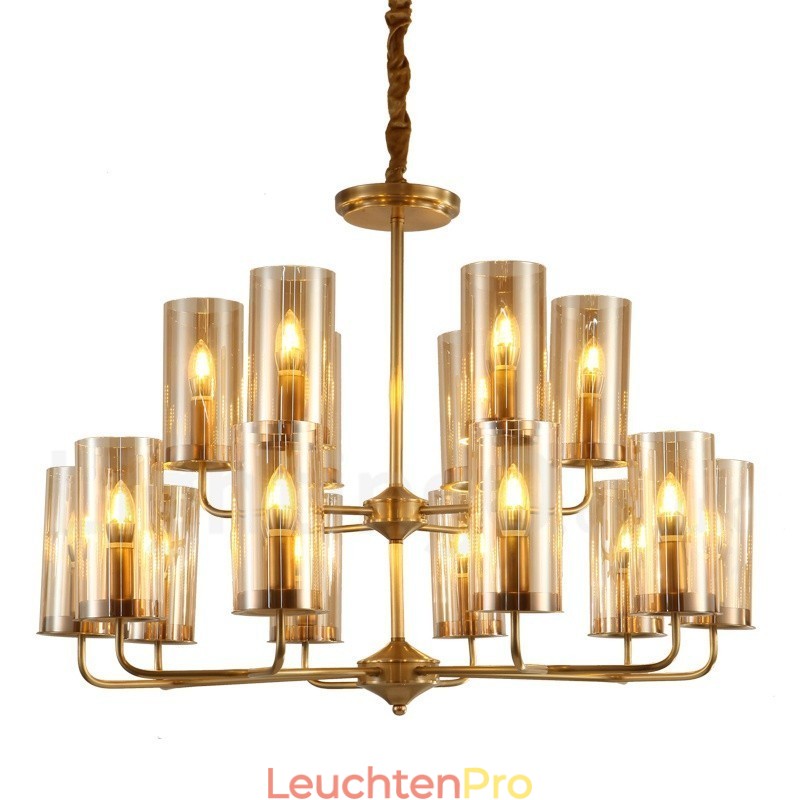 16-flammige Retro-Pendelleuchte aus rustikalem Messing mit Glasschirm