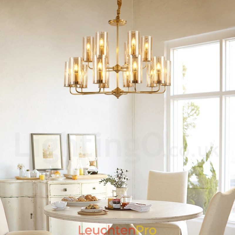 16-flammige Retro-Pendelleuchte aus rustikalem Messing mit Glasschirm