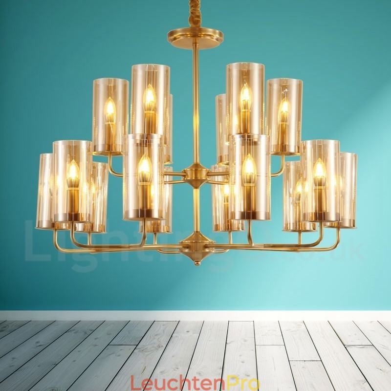 16-flammige Retro-Pendelleuchte aus rustikalem Messing mit Glasschirm