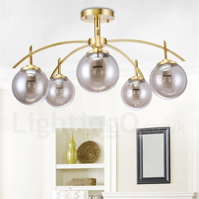 8-flammige Retro-Pendelleuchte aus rustikalem Messing mit Glasschirm