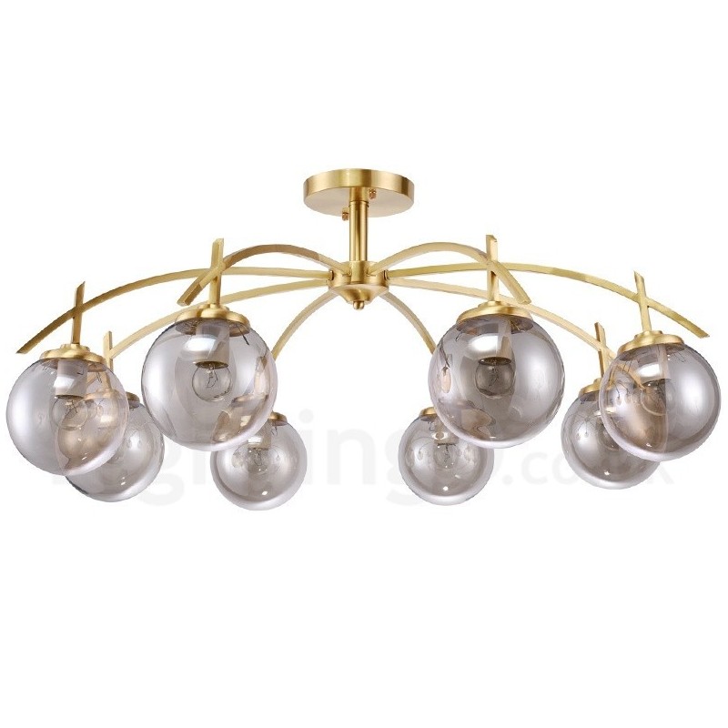8-flammige Retro-Pendelleuchte aus rustikalem Messing mit Glasschirm