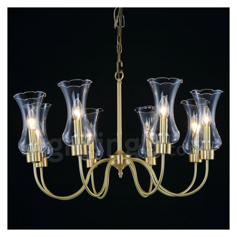 8-flammige Retro-Pendelleuchte aus rustikalem Messing mit Glasschirm