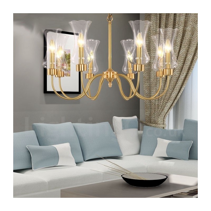 8-flammige Retro-Pendelleuchte aus rustikalem Messing mit Glasschirm