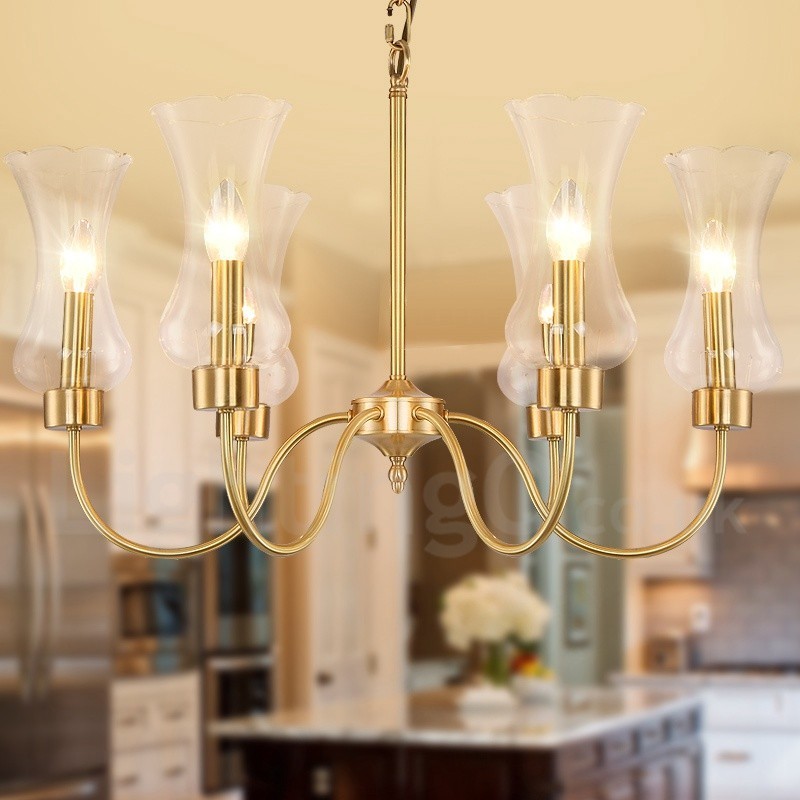 6-flammige Retro-Pendelleuchte aus rustikalem Messing mit Glasschirm