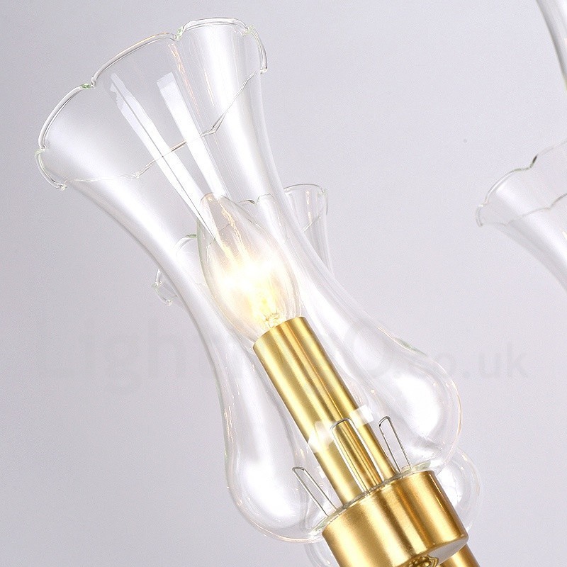 6-flammige Retro-Pendelleuchte aus rustikalem Messing mit Glasschirm
