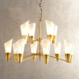 12-flammige Retro-Pendelleuchte aus rustikalem Messing mit Glasschirm