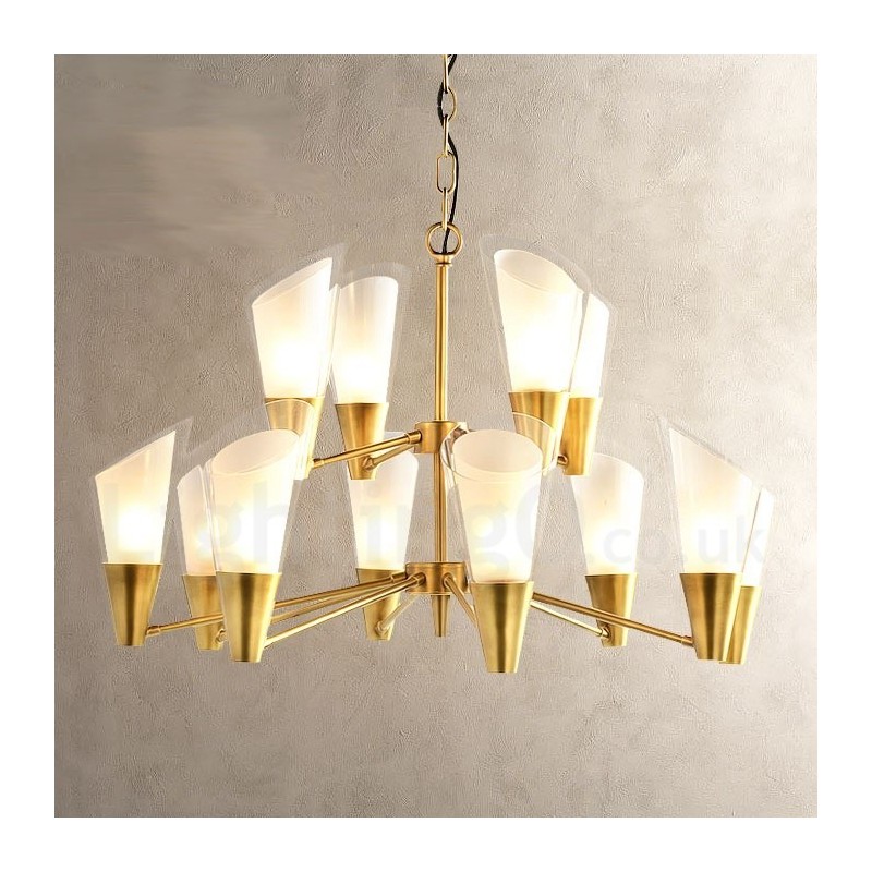 12-flammige Retro-Pendelleuchte aus rustikalem Messing mit Glasschirm