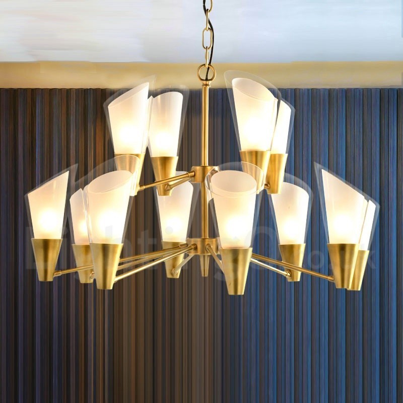12-flammige Retro-Pendelleuchte aus rustikalem Messing mit Glasschirm