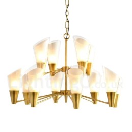 12-flammige Retro-Pendelleuchte aus rustikalem Messing mit Glasschirm