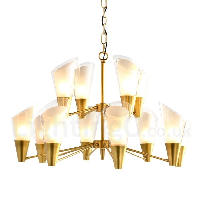 12-flammige Retro-Pendelleuchte aus rustikalem Messing mit Glasschirm