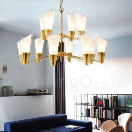 12-flammige Retro-Pendelleuchte aus rustikalem Messing mit Glasschirm