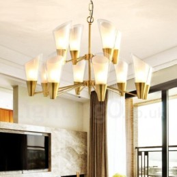 12-flammige Retro-Pendelleuchte aus rustikalem Messing mit Glasschirm