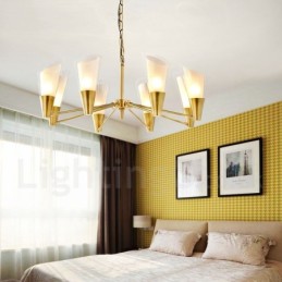 8-flammige Retro-Pendelleuchte aus rustikalem Messing mit Glasschirm
