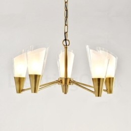 5-flammige Retro-Pendelleuchte aus rustikalem Messing mit Glasschirm