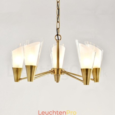5-flammige Retro-Pendelleuchte aus rustikalem Messing mit Glasschirm 5-flammige Retro-Pendelleuchte aus rustikalem Messing mit Glasschirm