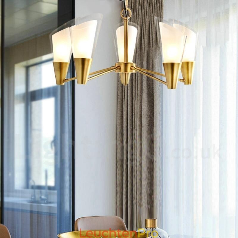 5-flammige Retro-Pendelleuchte aus rustikalem Messing mit Glasschirm