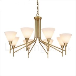 8-flammige Retro-Pendelleuchte aus rustikalem Messing mit Glasschirm