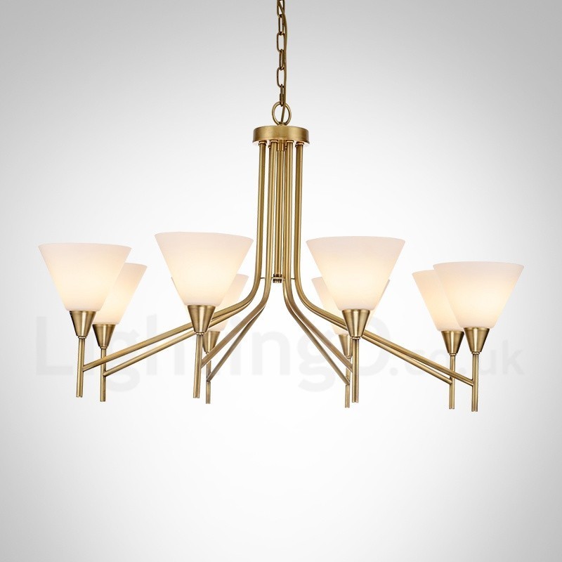 8-flammige Retro-Pendelleuchte aus rustikalem Messing mit Glasschirm