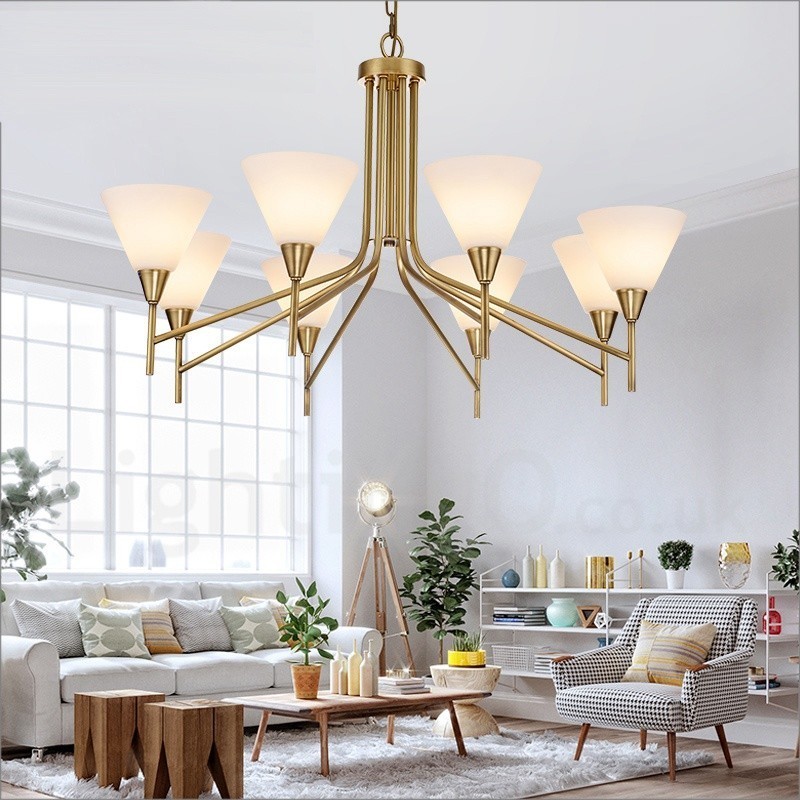 8-flammige Retro-Pendelleuchte aus rustikalem Messing mit Glasschirm
