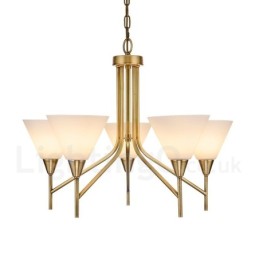 5-flammige Retro-Pendelleuchte aus rustikalem Messing mit Glasschirm