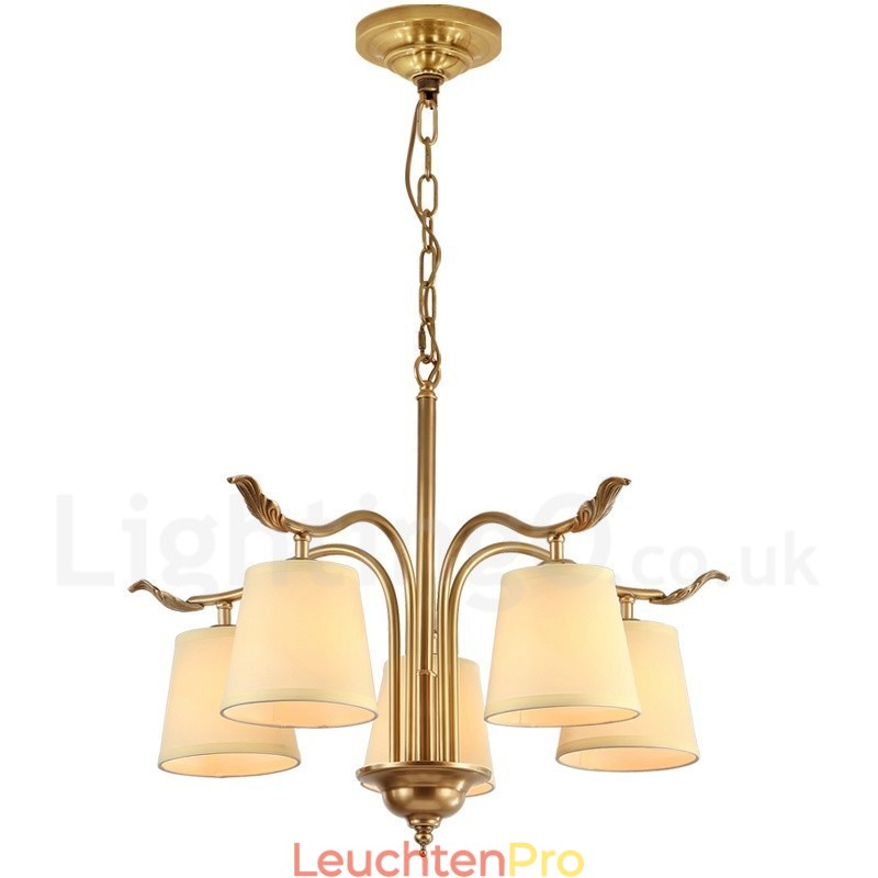 5-flammige Retro-Pendelleuchte aus rustikalem Messing mit Stoffschirm