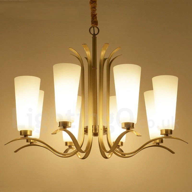 8-flammige Retro-Pendelleuchte aus rustikalem Messing mit Glasschirm