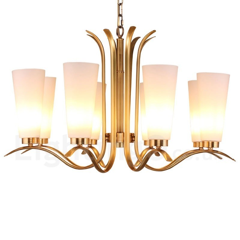 8-flammige Retro-Pendelleuchte aus rustikalem Messing mit Glasschirm
