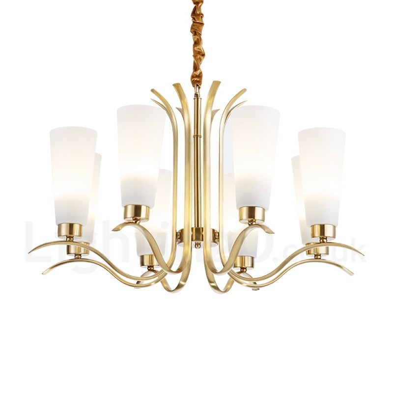 8-flammige Retro-Pendelleuchte aus rustikalem Messing mit Glasschirm