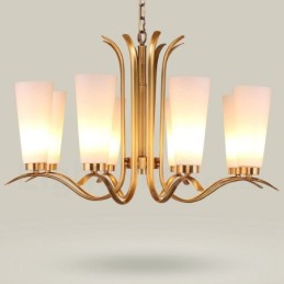 8-flammige Retro-Pendelleuchte aus rustikalem Messing mit Glasschirm