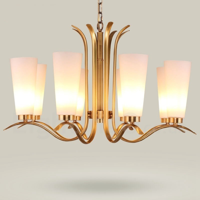 8-flammige Retro-Pendelleuchte aus rustikalem Messing mit Glasschirm