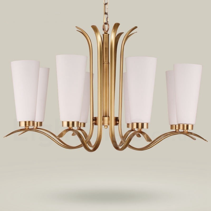 8-flammige Retro-Pendelleuchte aus rustikalem Messing mit Glasschirm