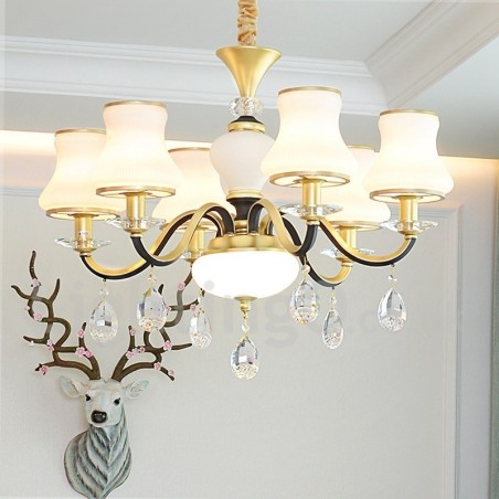 6-flammige Retro-Pendelleuchte aus Kristallglas mit rustikalem Luxus-Kronleuchter und Glasschirm 6-flammige Retro-Pendelleuchte aus Kristallglas mit rustikalem Luxus-Kronleuchter und Glasschirm