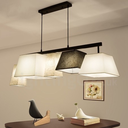 Moderne zeitgenössische 5-flammige Pendelleuchte aus Stahl mit Stoffschirm Moderne zeitgenössische 5-flammige Pendelleuchte aus Stahl mit Stoffschirm