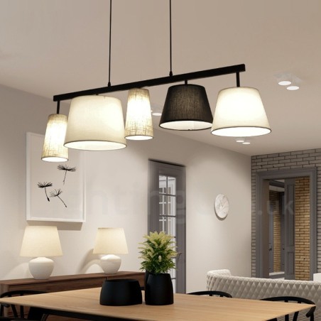 Moderne zeitgenössische 5-flammige Pendelleuchte aus Stahl mit Stoffschirm Moderne zeitgenössische 5-flammige Pendelleuchte aus Stahl mit Stoffschirm