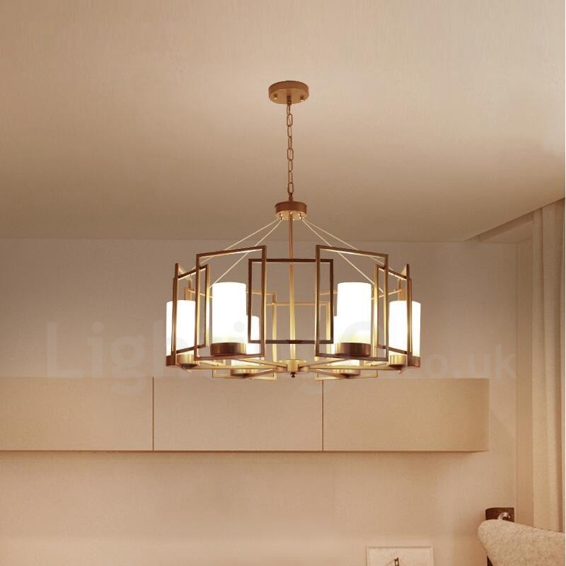 Moderne zeitgenössische 6-flammige Pendelleuchte aus Messing mit Glasschirm