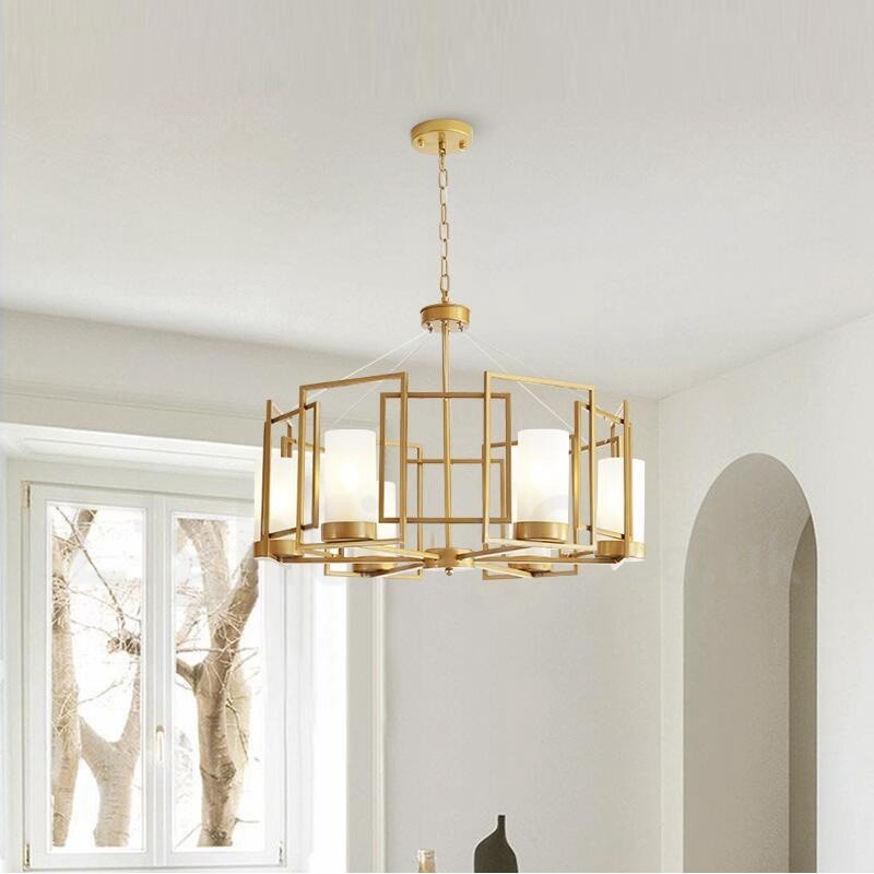 Moderne zeitgenössische 6-flammige Pendelleuchte aus Messing mit Glasschirm