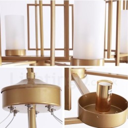 Moderne zeitgenössische 6-flammige Pendelleuchte aus Messing mit Glasschirm