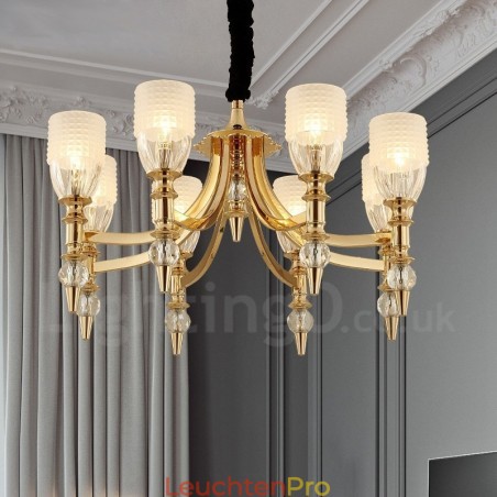 Mediterraner 8-flammiger Kronleuchter aus Stahl mit Glasschirm Mediterraner 8-flammiger Kronleuchter aus Stahl mit Glasschirm