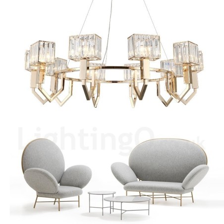 Moderne zeitgenössische 10-flammige Pendelleuchte aus Stahl mit Kristallschirm Moderne zeitgenössische 10-flammige Pendelleuchte aus Stahl mit Kristallschirm