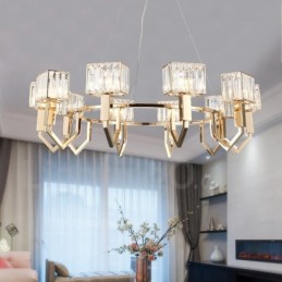 Moderne zeitgenössische 10-flammige Pendelleuchte aus Stahl mit Kristallschirm