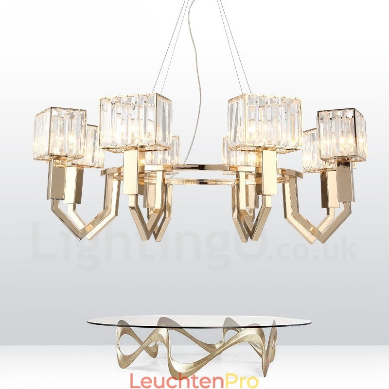 Moderne zeitgenössische 8-flammige Pendelleuchte aus Stahl mit Kristallschirm