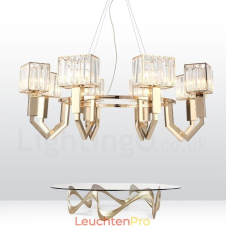 Moderne zeitgenössische 8-flammige Pendelleuchte aus Stahl mit Kristallschirm