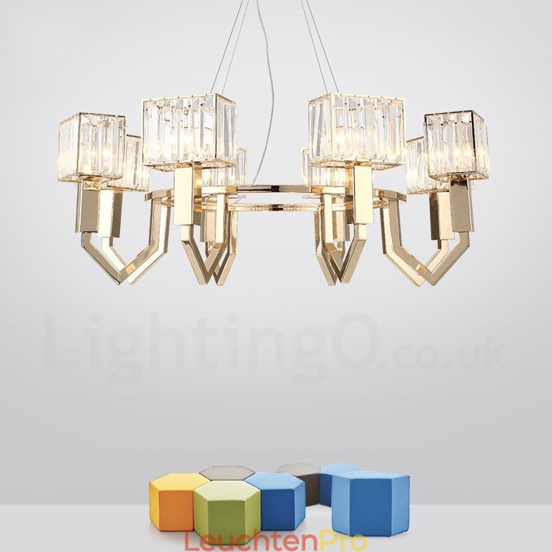 Moderne zeitgenössische 8-flammige Pendelleuchte aus Stahl mit Kristallschirm