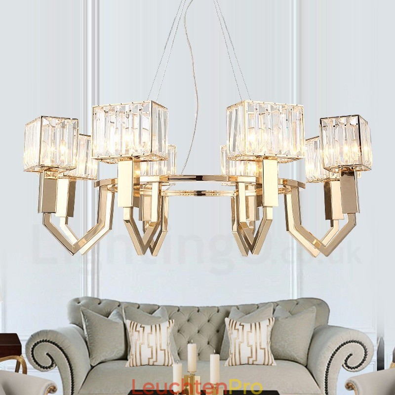 Moderne zeitgenössische 8-flammige Pendelleuchte aus Stahl mit Kristallschirm