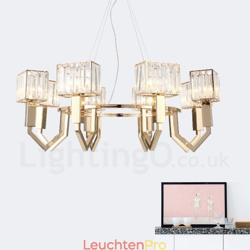 Moderne zeitgenössische 8-flammige Pendelleuchte aus Stahl mit Kristallschirm