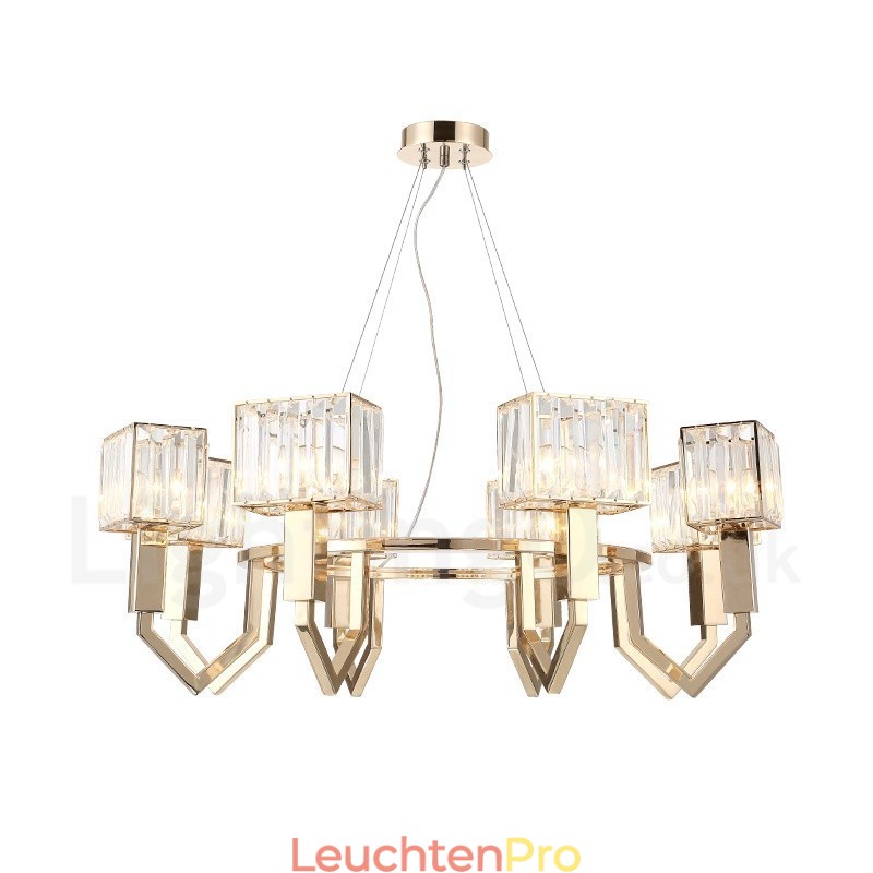 Moderne zeitgenössische 8-flammige Pendelleuchte aus Stahl mit Kristallschirm